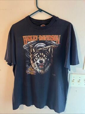 VINTAGE 1991 3D EMBLEM HARLEY DAVIDSON SINGLE STITCH WOLF TSHIRT BLACK SIZE XL